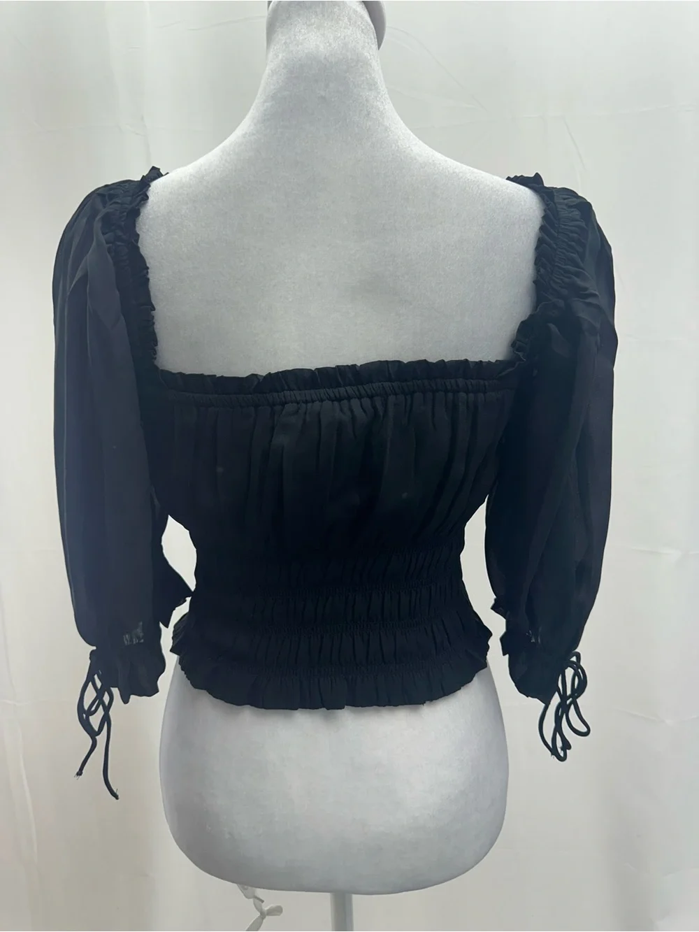 Abercrombie & Fitch Black Smocked Peasant Blouse with Tie Front S